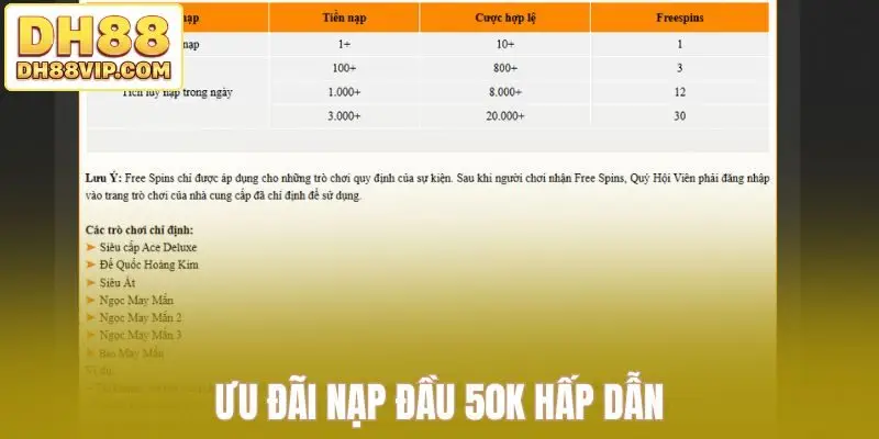 Ưu đãi nạp đầu 50K hấp dẫn